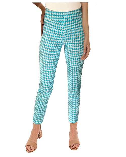 Pull-On Ankle Pants - Turquoise Houndstooth