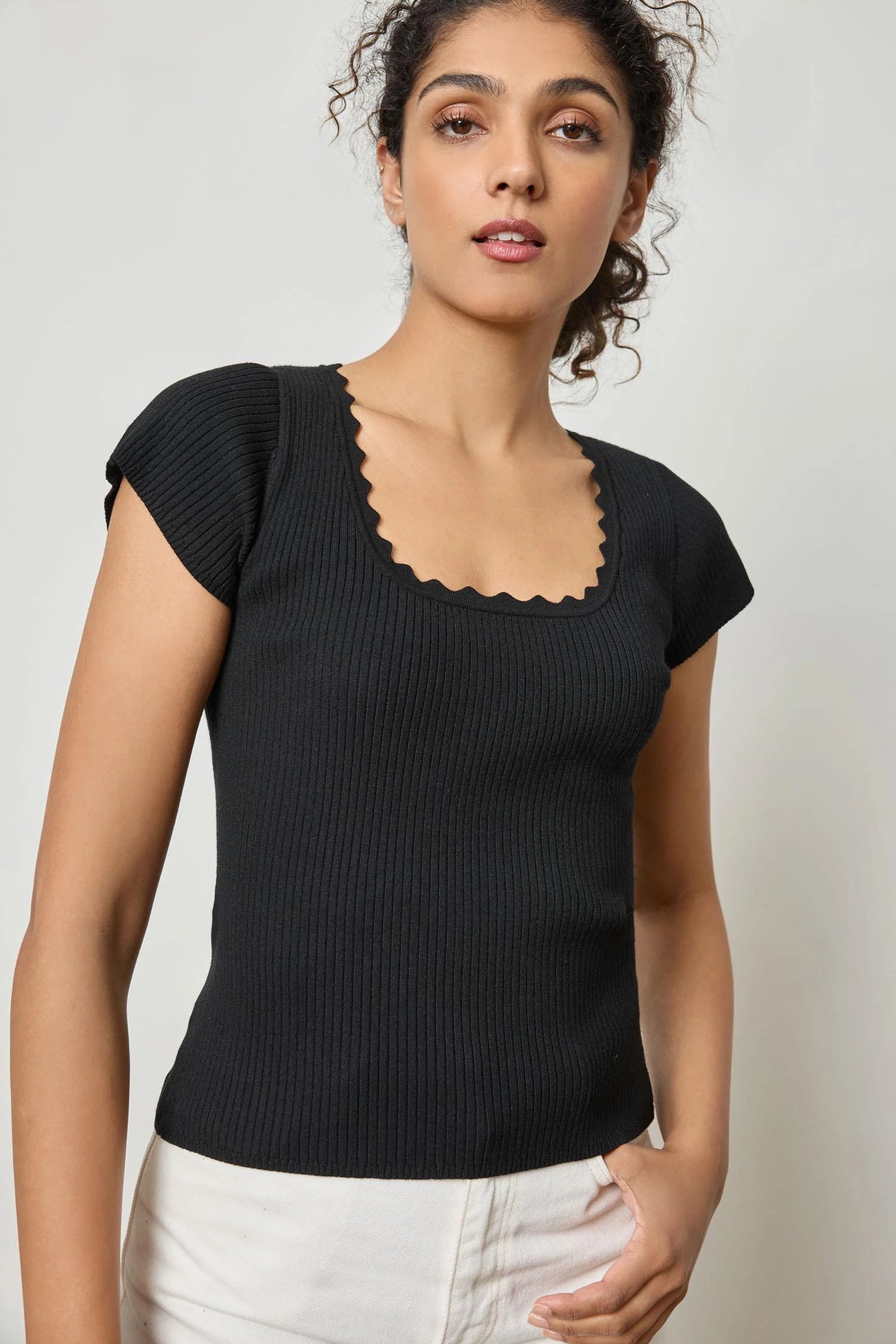 Cap Sleeve Scallop Neck Sweater